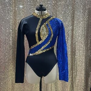 Black and Blue Sequin Leotard with Gold Accents